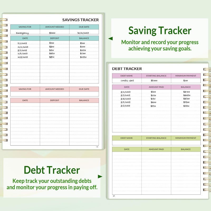 ساني مخطط الميزانية 2026 - كتاب الميزانية الشهرية من يناير 2026 - ديسمبر 2026 مع دفتر تعقب النفقات، مقاس A5 (6.4 بوصة × 8.3 بوصة") دفتر حساب منظم الفواتير ومخطط المالية لإدارة أموالك، أخضر - Image 5